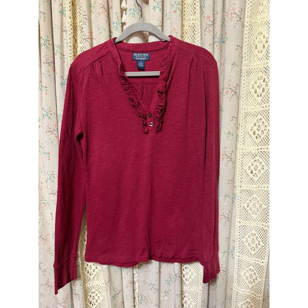 Polo Jeans Ralph Lauren Burgundy Ruffle Henley Top Womens L